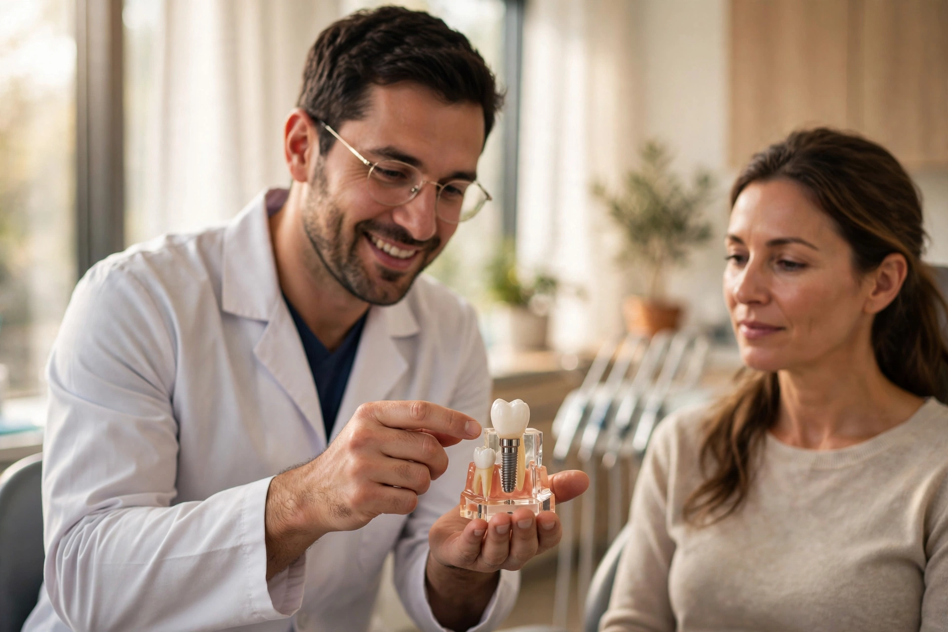 Dentist discussing All-on-4 full-arch implant treatment options and costs with a patient