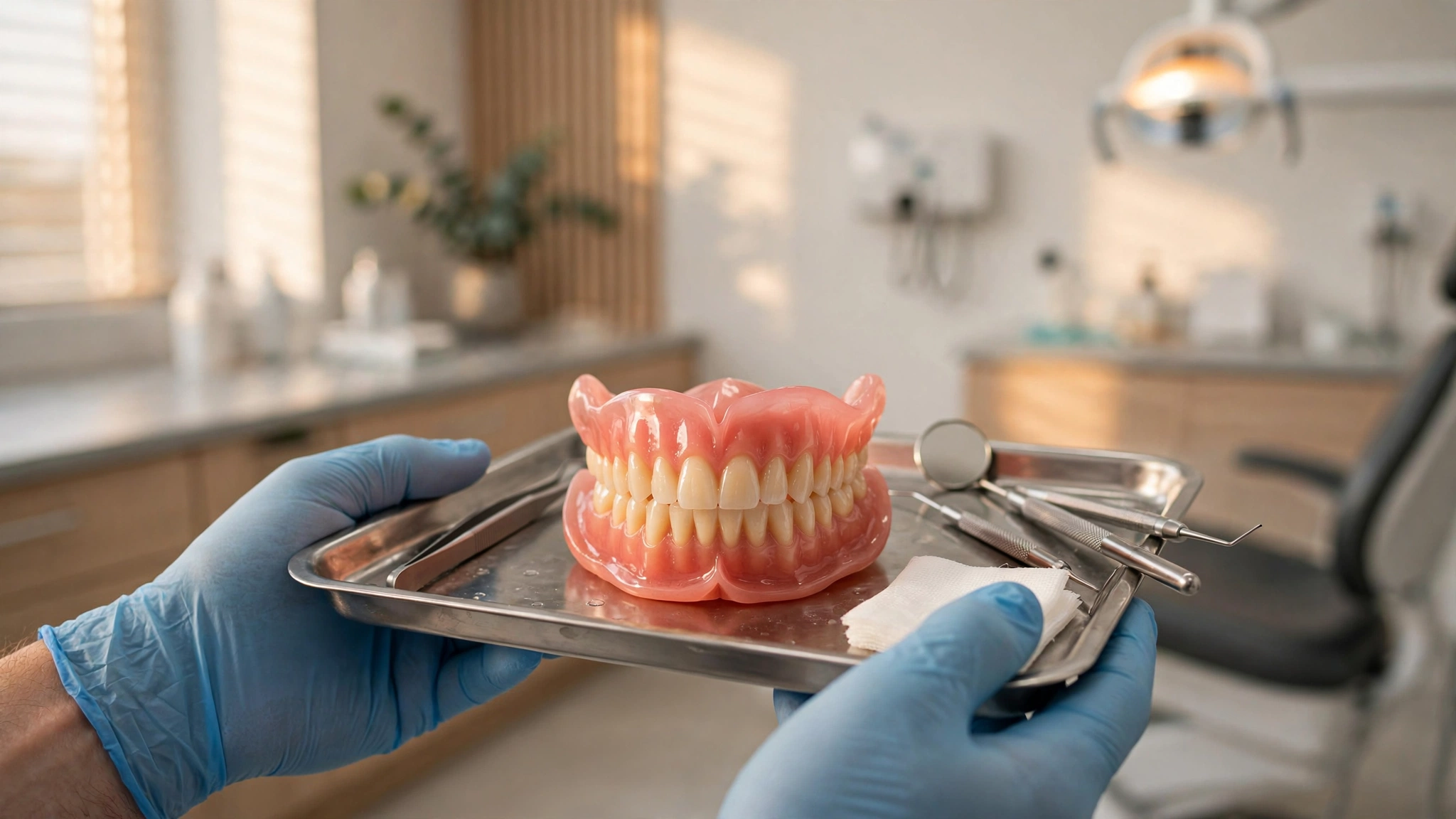 Dentist holding a natural-looking denture model at Paris Dental in Murrieta