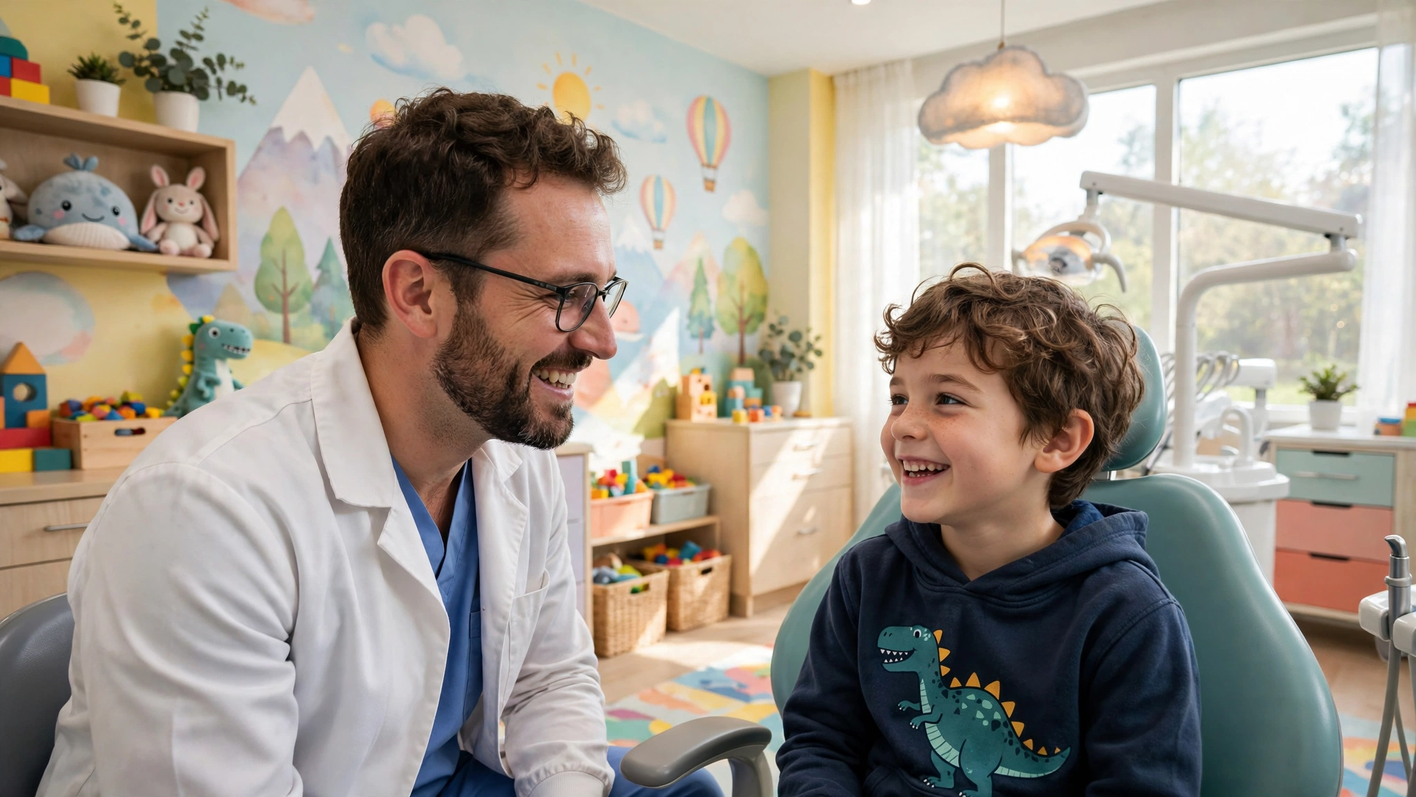 Dentista amable con un niño sonriendo durante su visita en Paris Dental en Murrieta