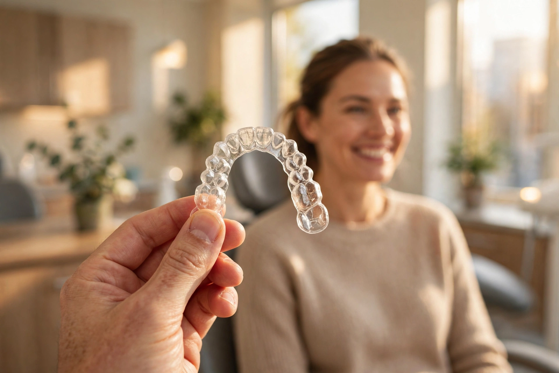 Patient holding a clear dental aligner at Paris Dental in Murrieta