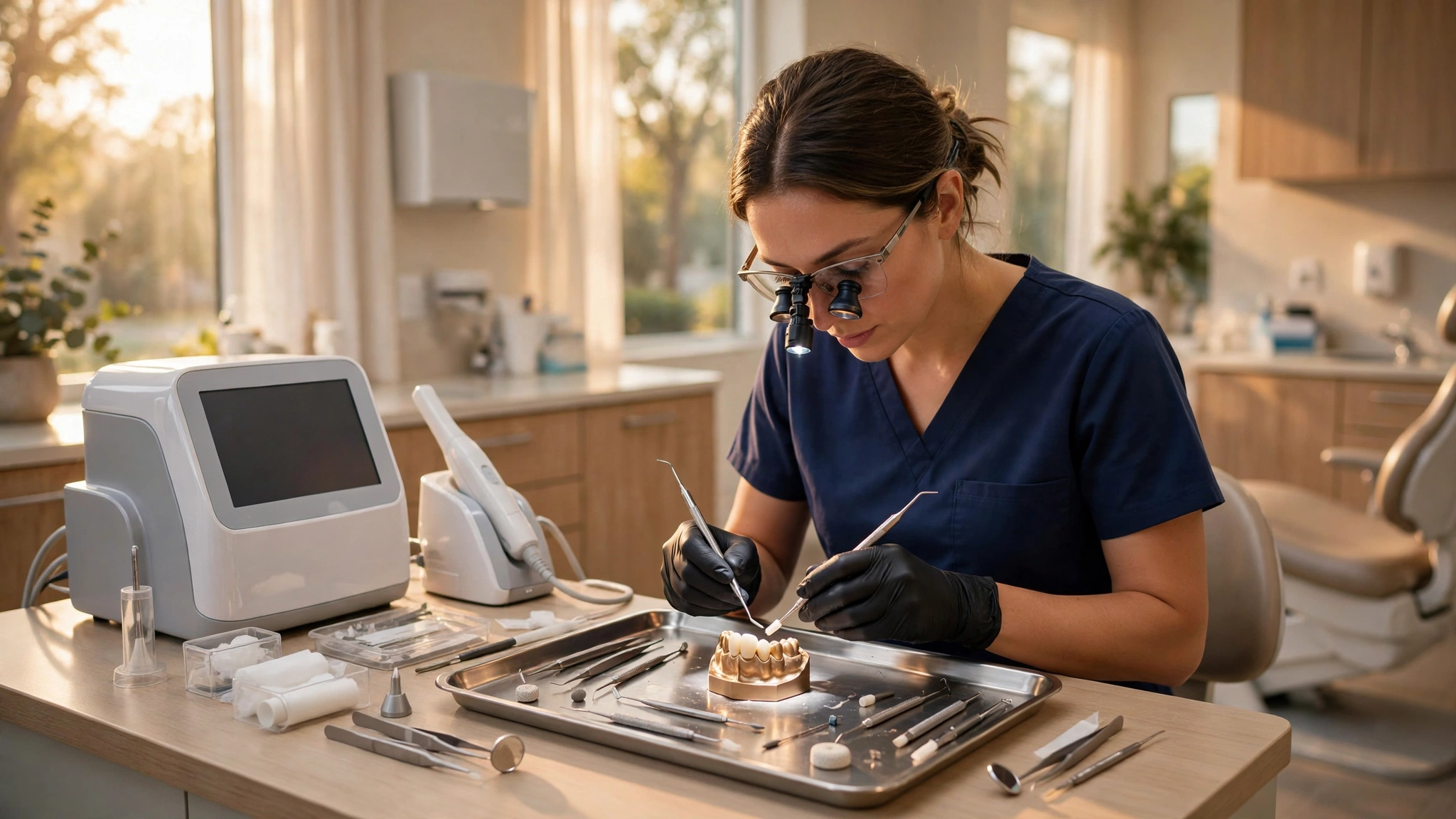 Dentist preparing a dental crown with modern equipment in Murrieta