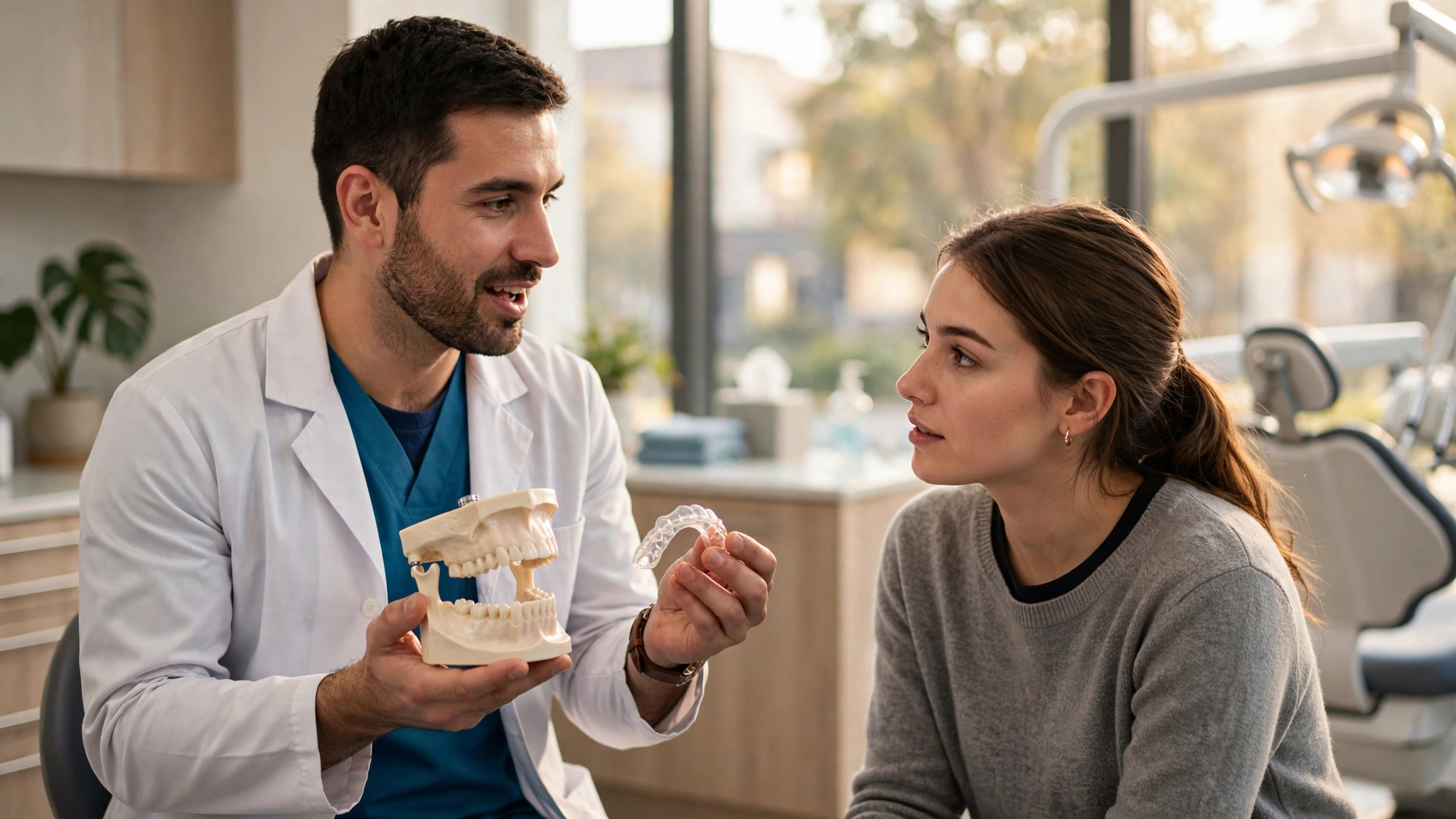 Dentist showing a jaw model while discussing TMJ treatment in Murrieta